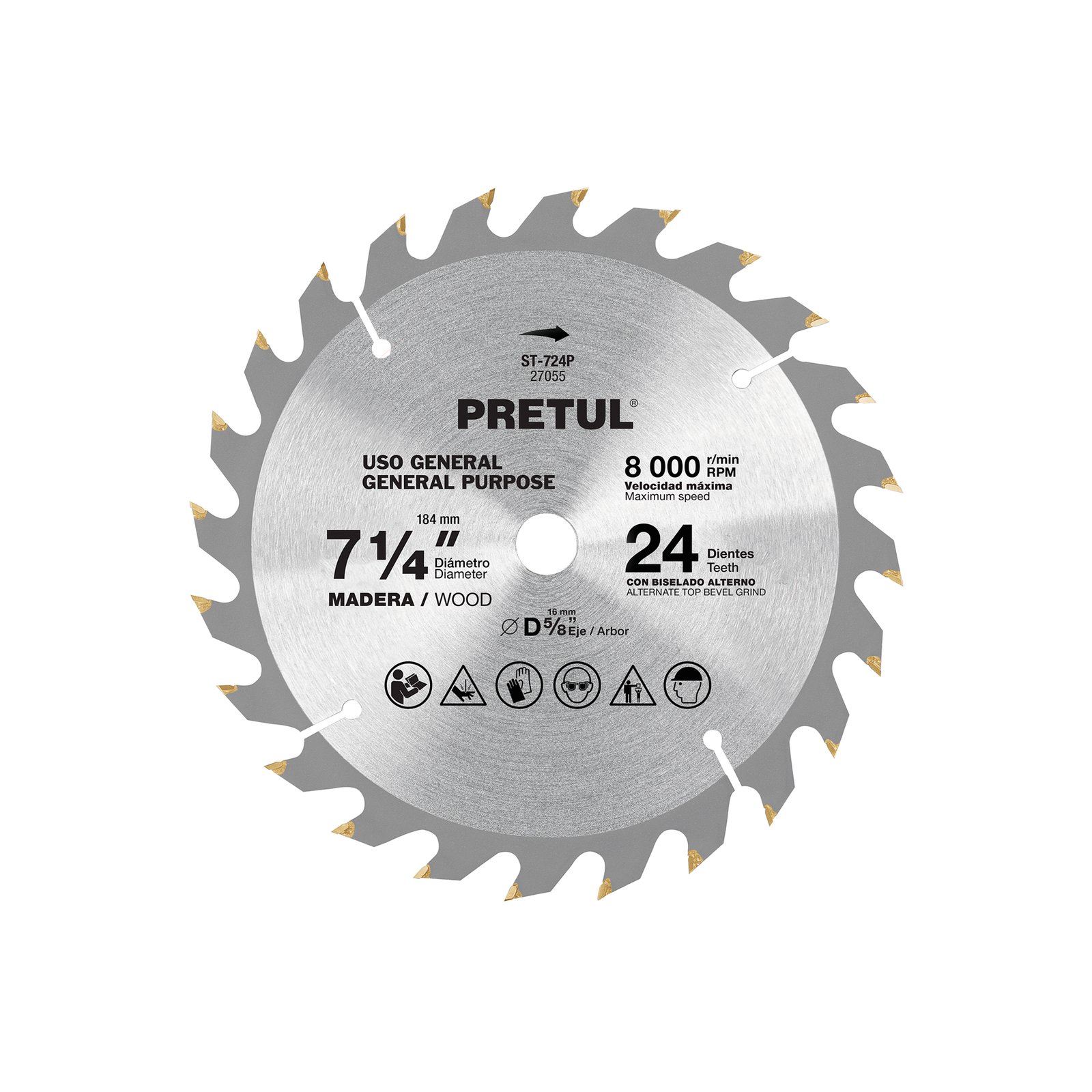 Disco sierra 7-1/4" p/madera, 24 dientes centro 5/8", PRETUL