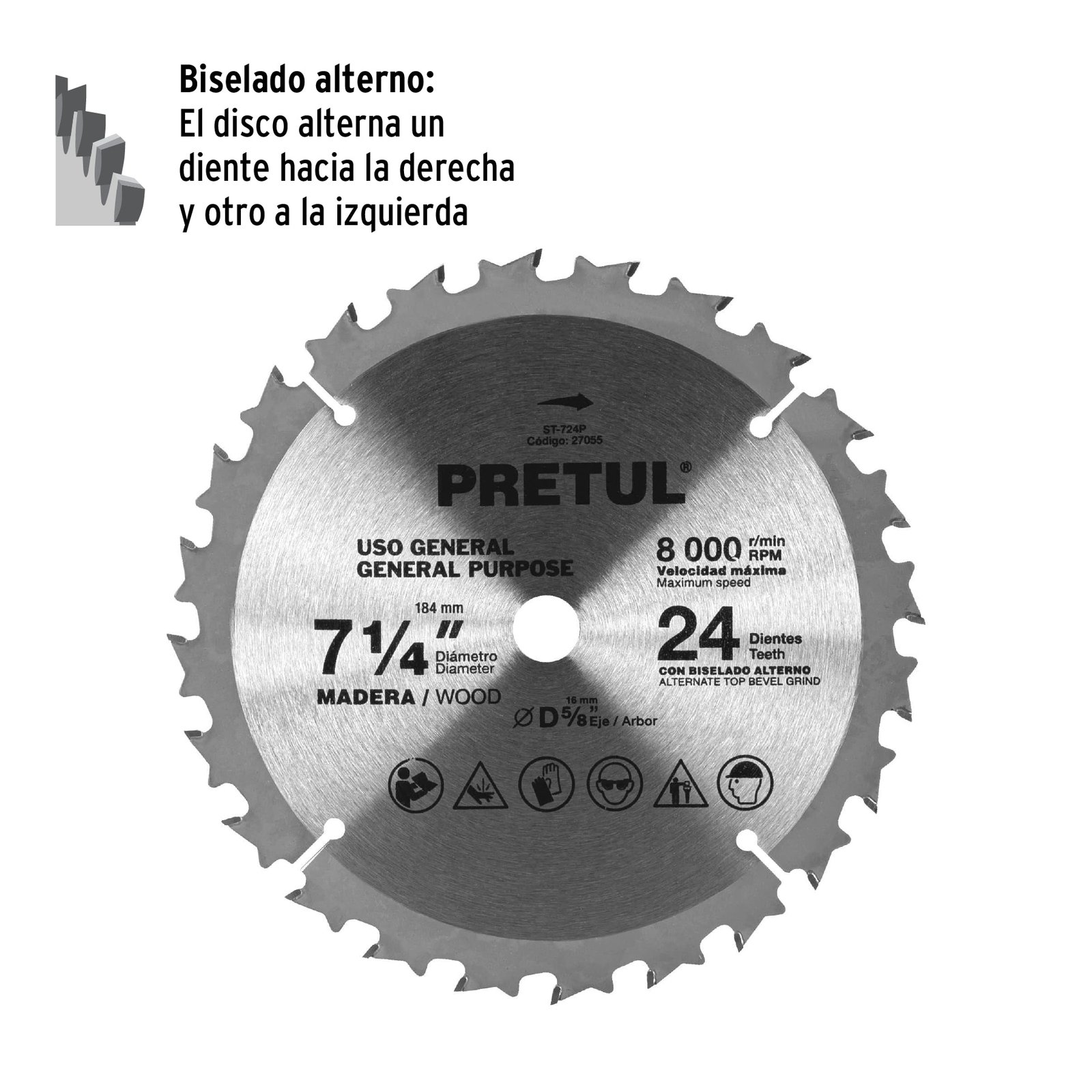 Disco sierra 7-1/4" p/madera, 24 dientes centro 5/8", PRETUL - Image 3