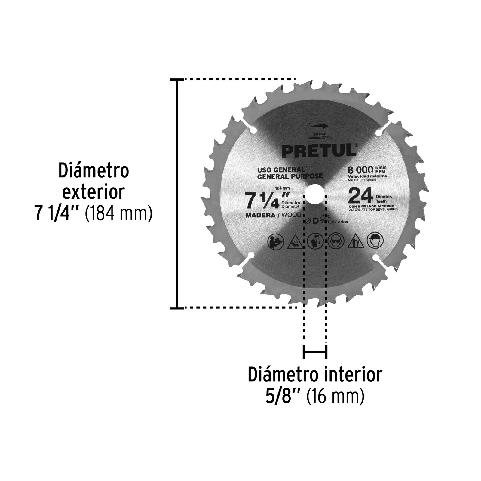 Disco sierra 7-1/4" p/madera, 24 dientes centro 5/8", PRETUL - Image 4