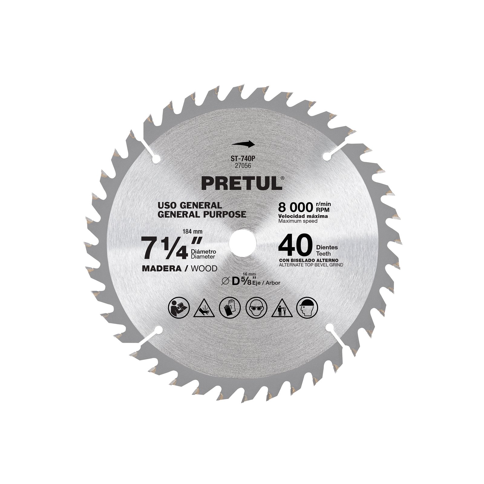 Disco sierra 7-1/4" p/madera, 40 dientes centro 5/8", PRETUL