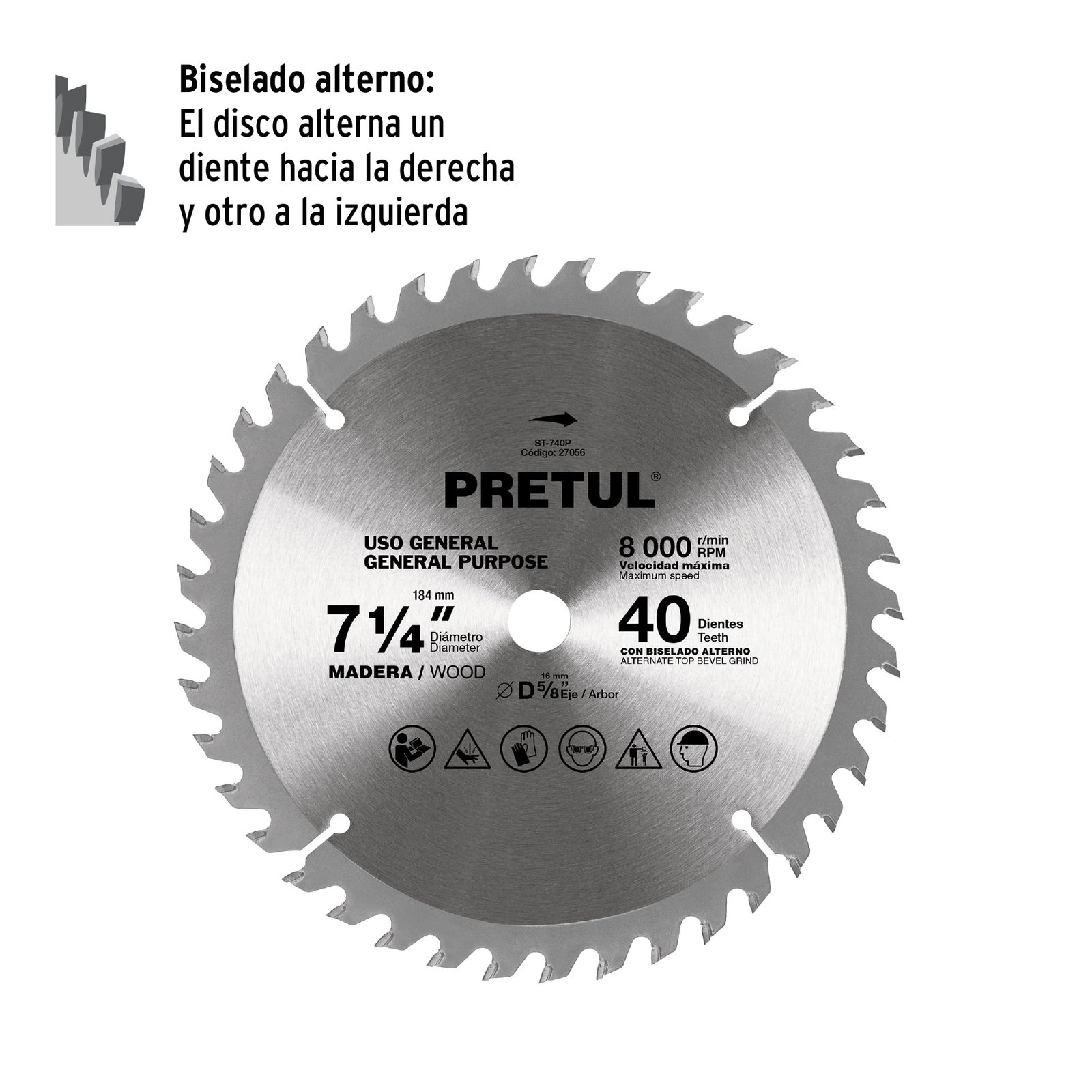 Disco sierra 7-1/4" p/madera, 40 dientes centro 5/8", PRETUL - Image 3