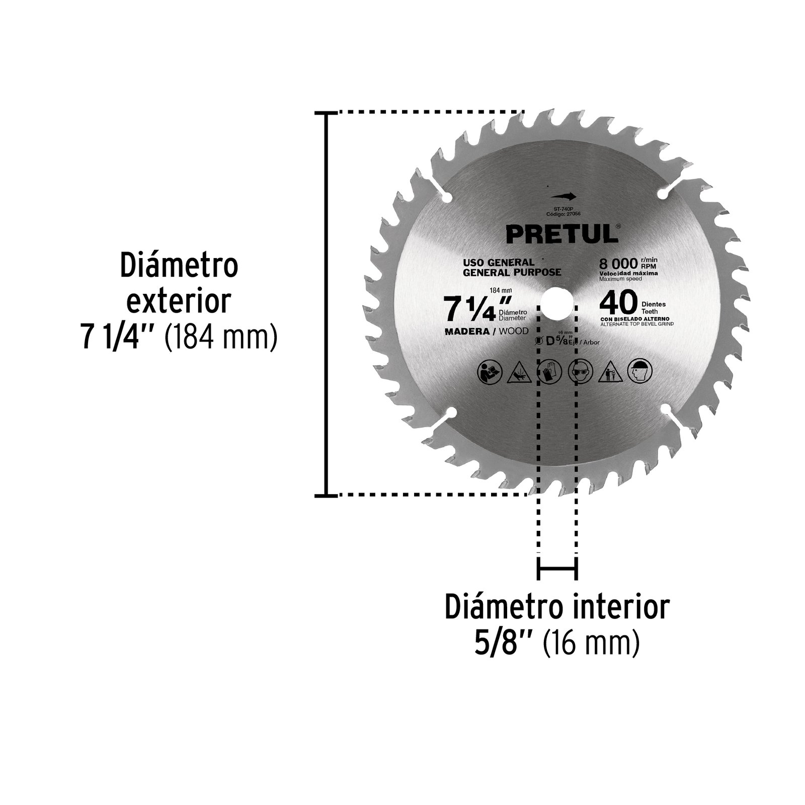 Disco sierra 7-1/4" p/madera, 40 dientes centro 5/8", PRETUL - Image 4